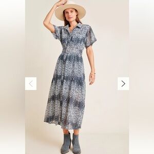 NWT Anthropologie Steele Lidy Belted Tiered Printed Shirt Midi Blue Dress M $288